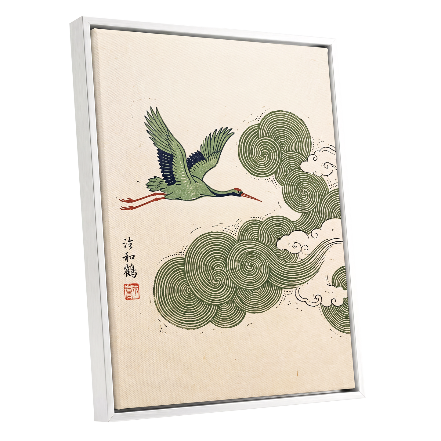 Crane Through Spiral Clouds, green, beige, black nature wall art shown as a white framed canvas wall art
