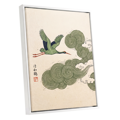 Crane Through Spiral Clouds, green, beige, black nature wall art shown as a white framed canvas wall art