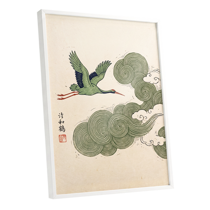 Crane Through Spiral Clouds, green, beige, black nature wall art shown as a white framed poster wall art print