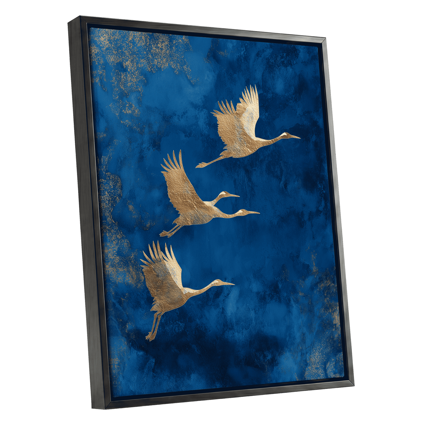 Cranes Across Cobalt, blue, gold, brown nature wall art shown as a black framed canvas wall art