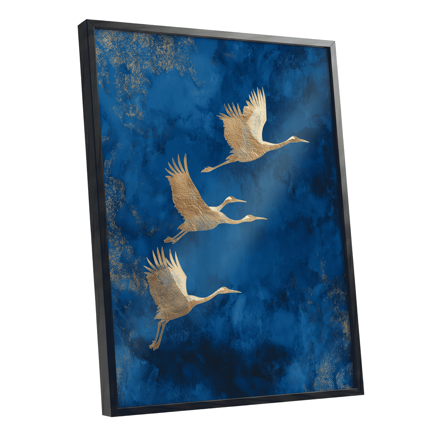 Cranes Across Cobalt, blue, gold, brown nature wall art shown as a black framed poster wall art print