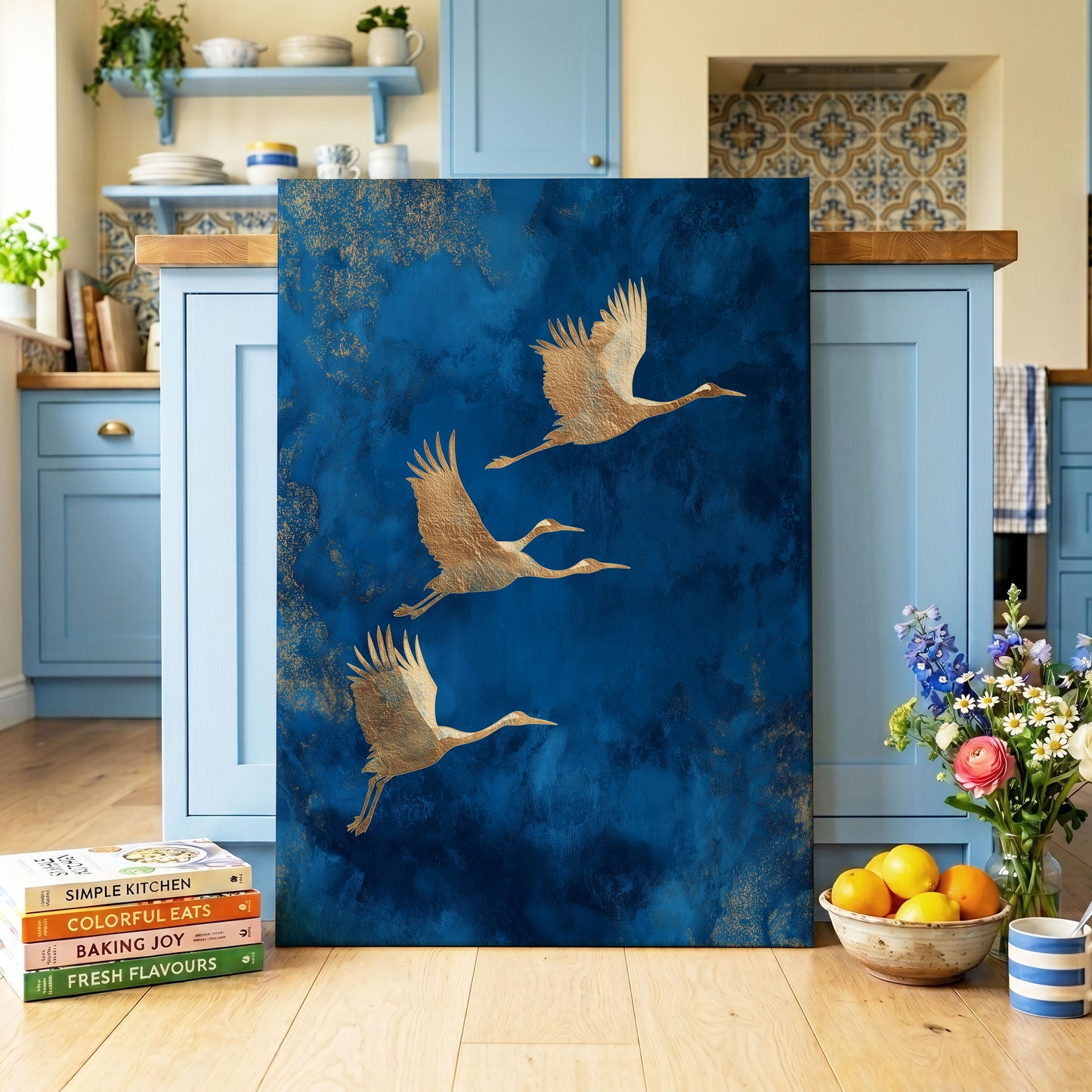 Cranes Across Cobalt, blue, gold, brown nature wall art on canvas displayed in a styled interior, gallery view 1