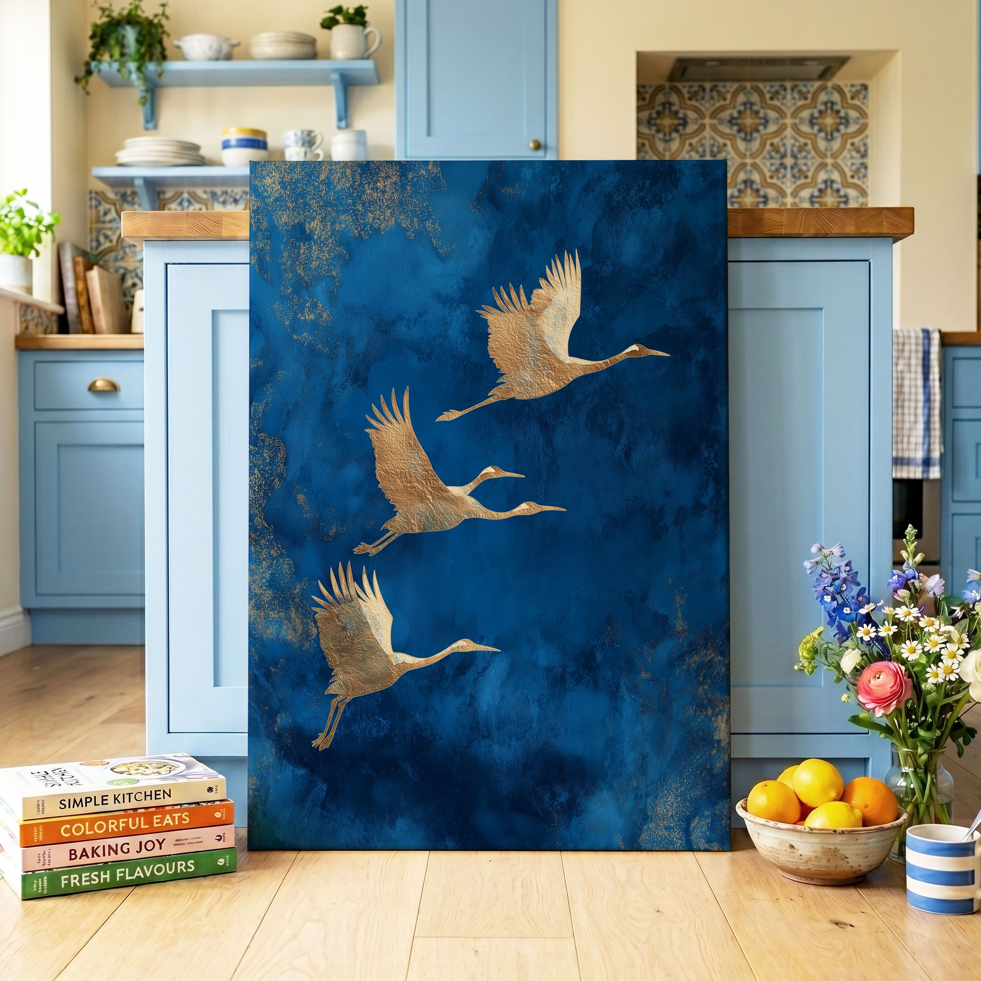 Cranes Across Cobalt, blue, gold, brown nature wall art on canvas displayed in a styled interior, gallery view 1