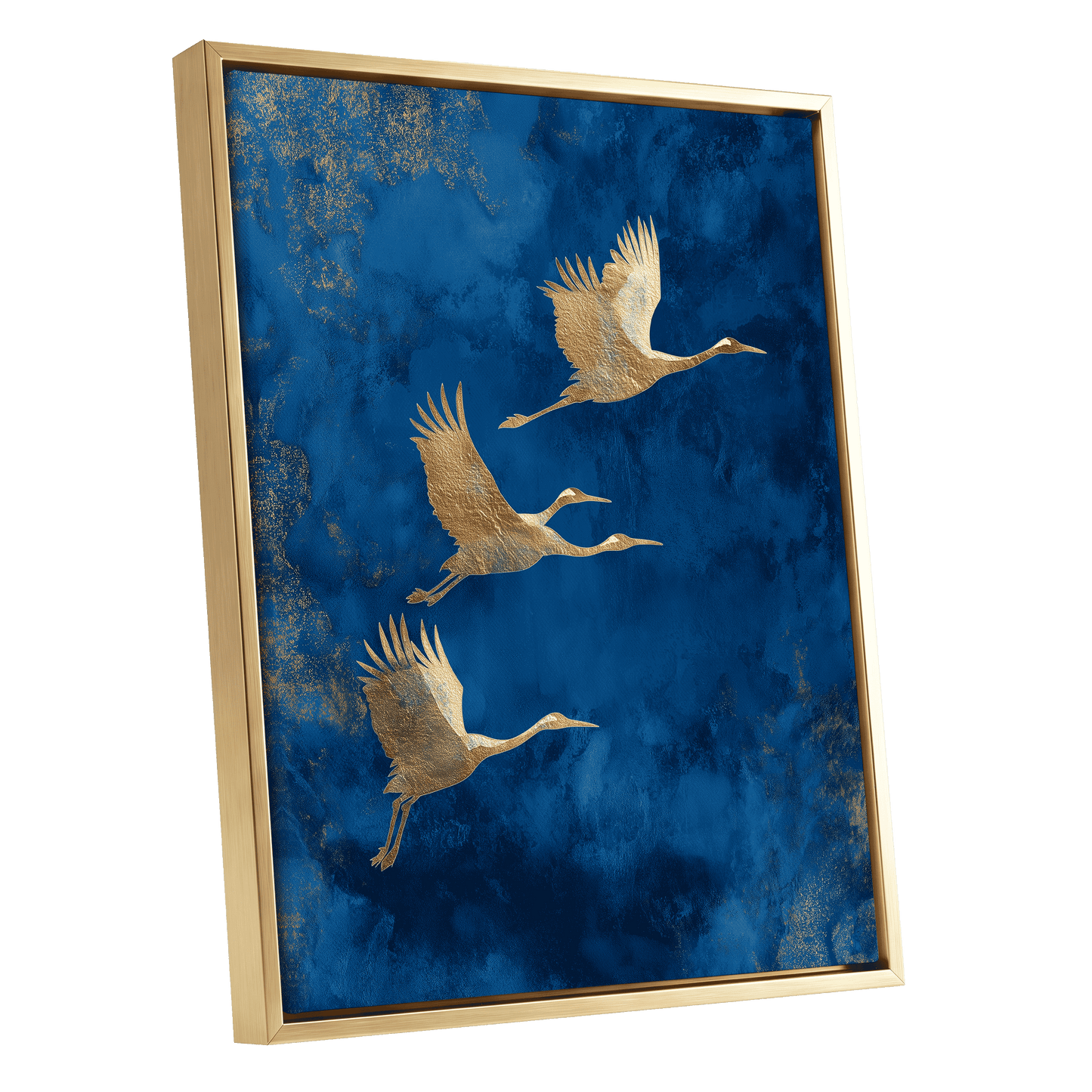 Cranes Across Cobalt, blue, gold, brown nature wall art shown as a gold framed canvas wall art