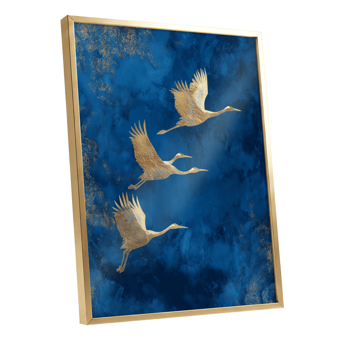 Cranes Across Cobalt, blue, gold, brown nature wall art shown as a gold framed poster wall art print