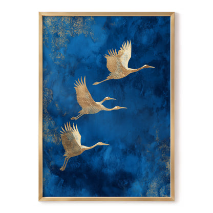 Cranes Across Cobalt, blue, gold, brown nature wall art, front artwork view