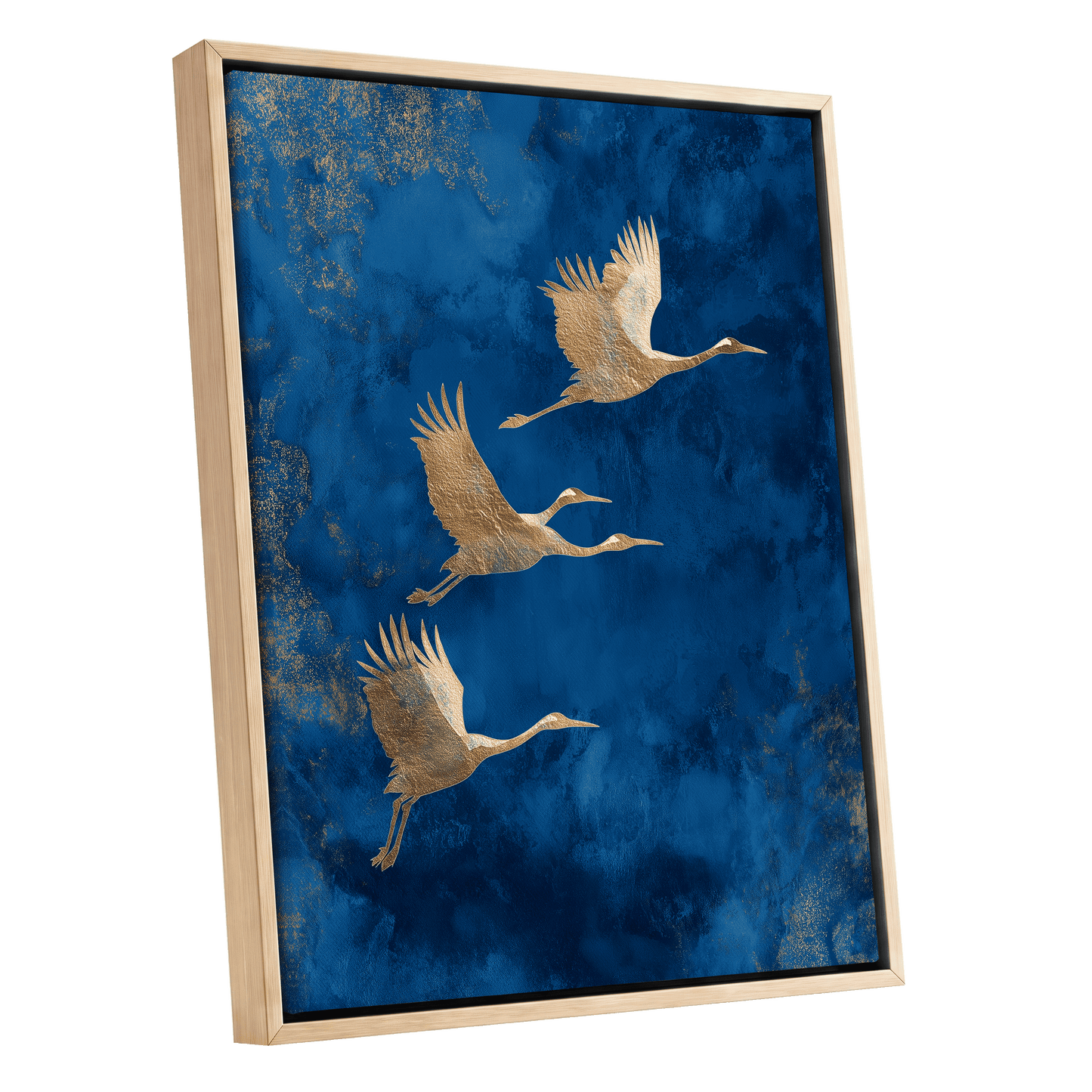 Cranes Across Cobalt, blue, gold, brown nature wall art shown as a oak framed canvas wall art