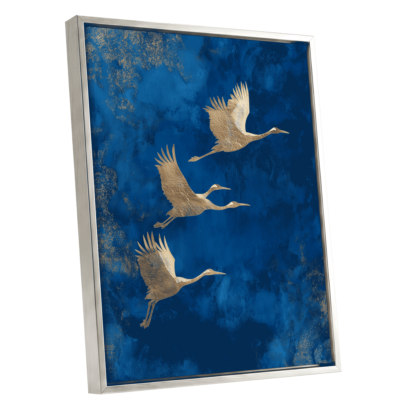 Cranes Across Cobalt, blue, gold, brown nature wall art shown as a silver framed canvas wall art