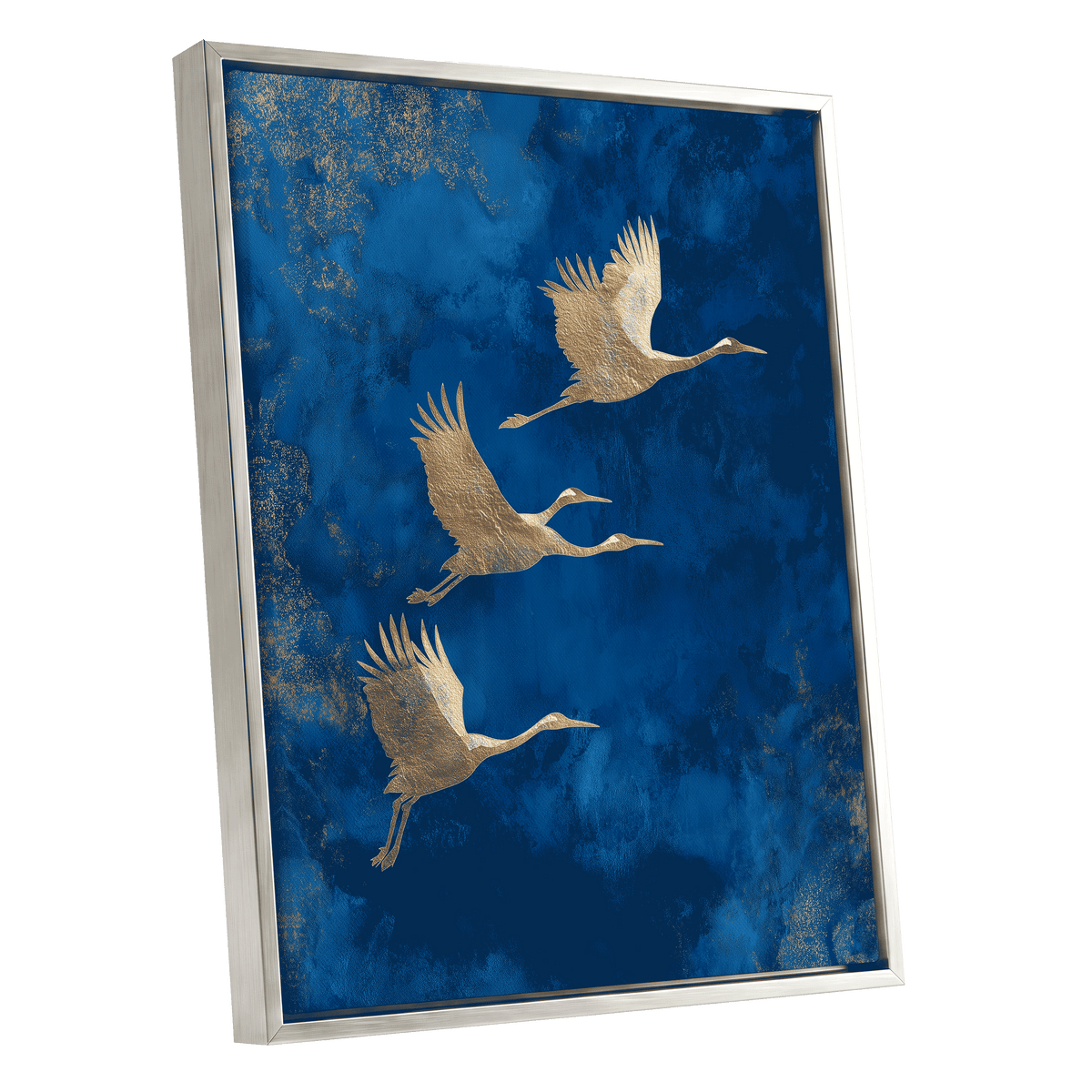Cranes Across Cobalt, blue, gold, brown nature wall art shown as a silver framed canvas wall art