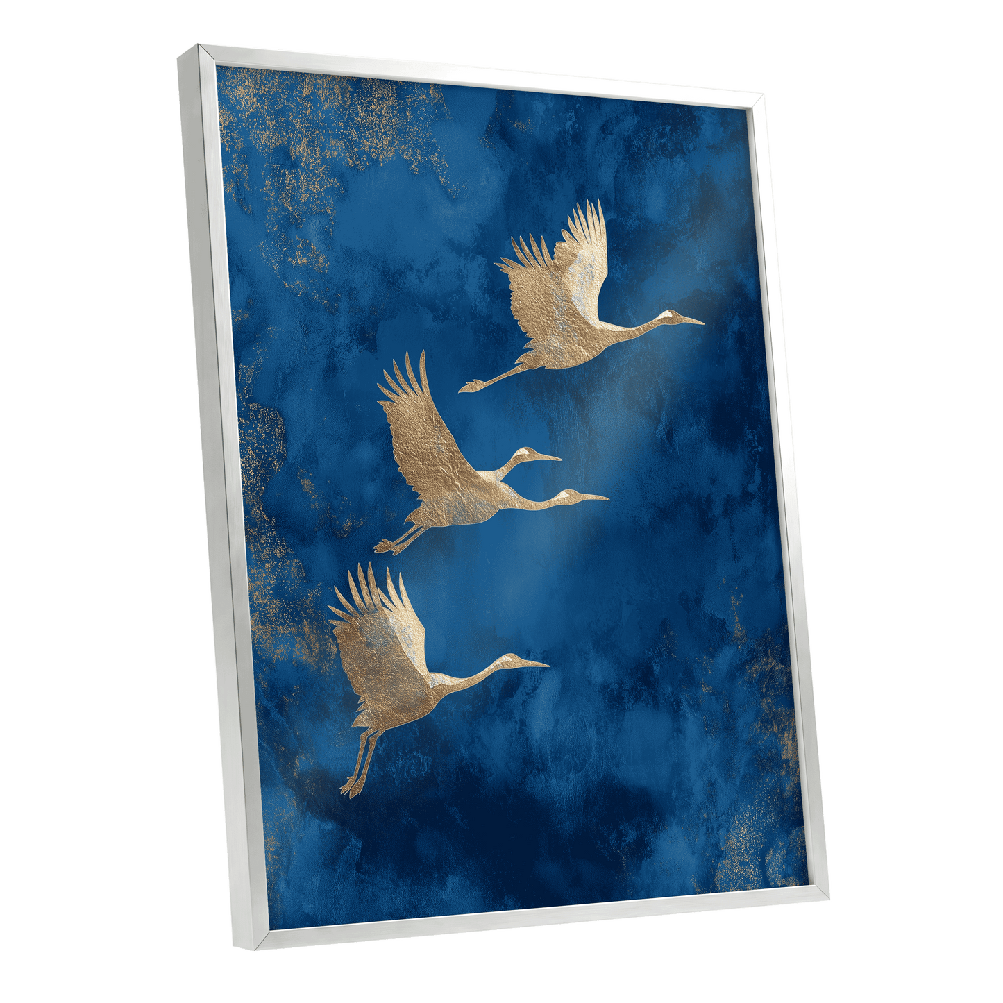 Cranes Across Cobalt, blue, gold, brown nature wall art shown as a silver framed poster wall art print