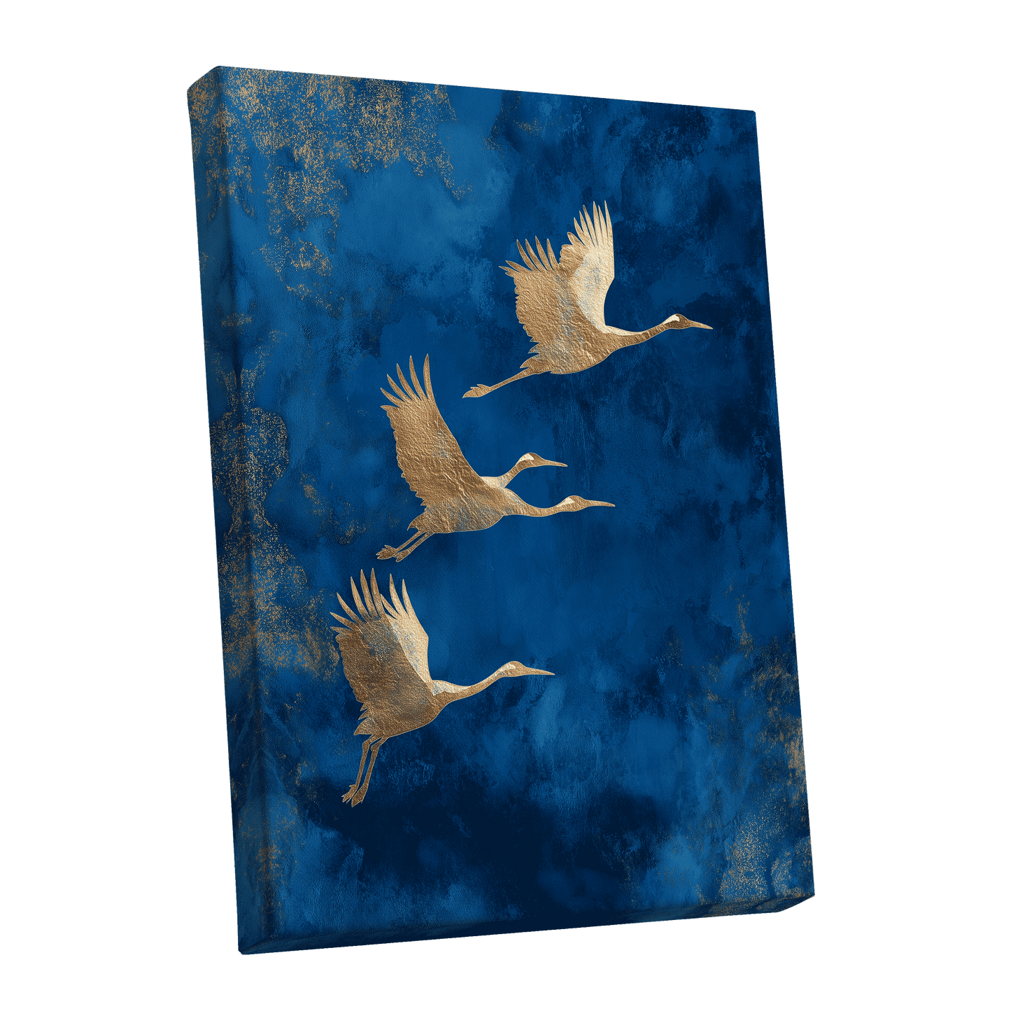 Cranes Across Cobalt, blue, gold, brown nature wall art shown as a stretched canvas wall art
