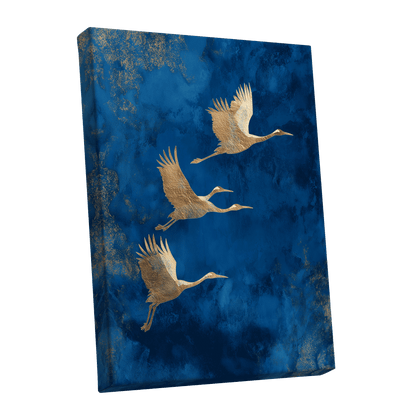 Cranes Across Cobalt, blue, gold, brown nature wall art shown as a stretched canvas wall art