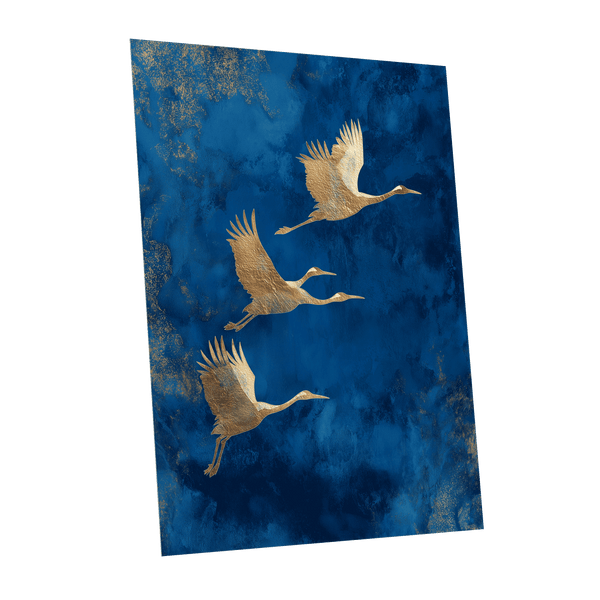 Cranes Across Cobalt, blue, gold, brown nature wall art shown as a unframed poster wall art print