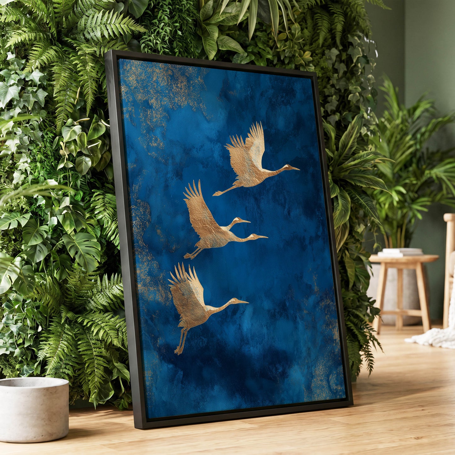 Cranes Across Cobalt, blue, gold, brown nature wall art displayed in a styled interior, gallery view 1