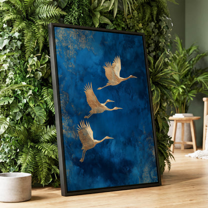 Cranes Across Cobalt, blue, gold, brown nature wall art displayed in a styled interior, gallery view 1