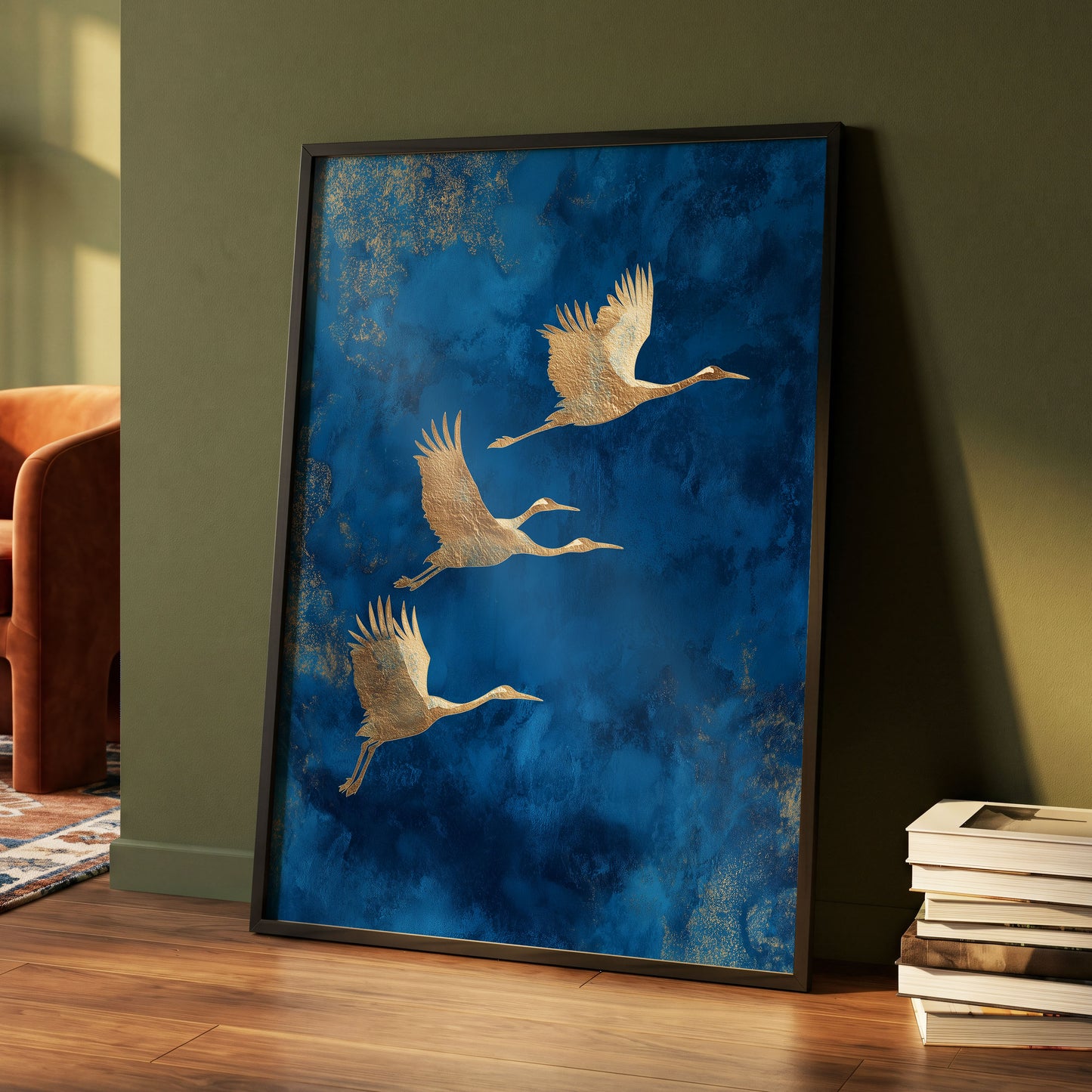 Cranes Across Cobalt, blue, gold, brown nature wall art displayed in a styled interior, gallery view 4