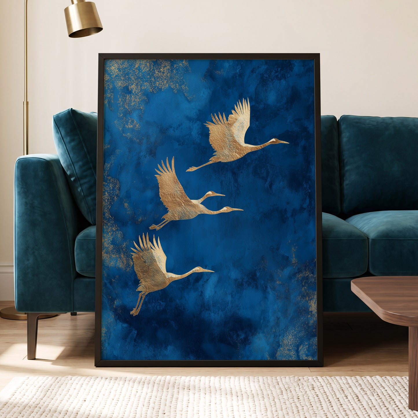 Cranes Across Cobalt, blue, gold, brown nature wall art displayed in a styled interior, gallery view 6