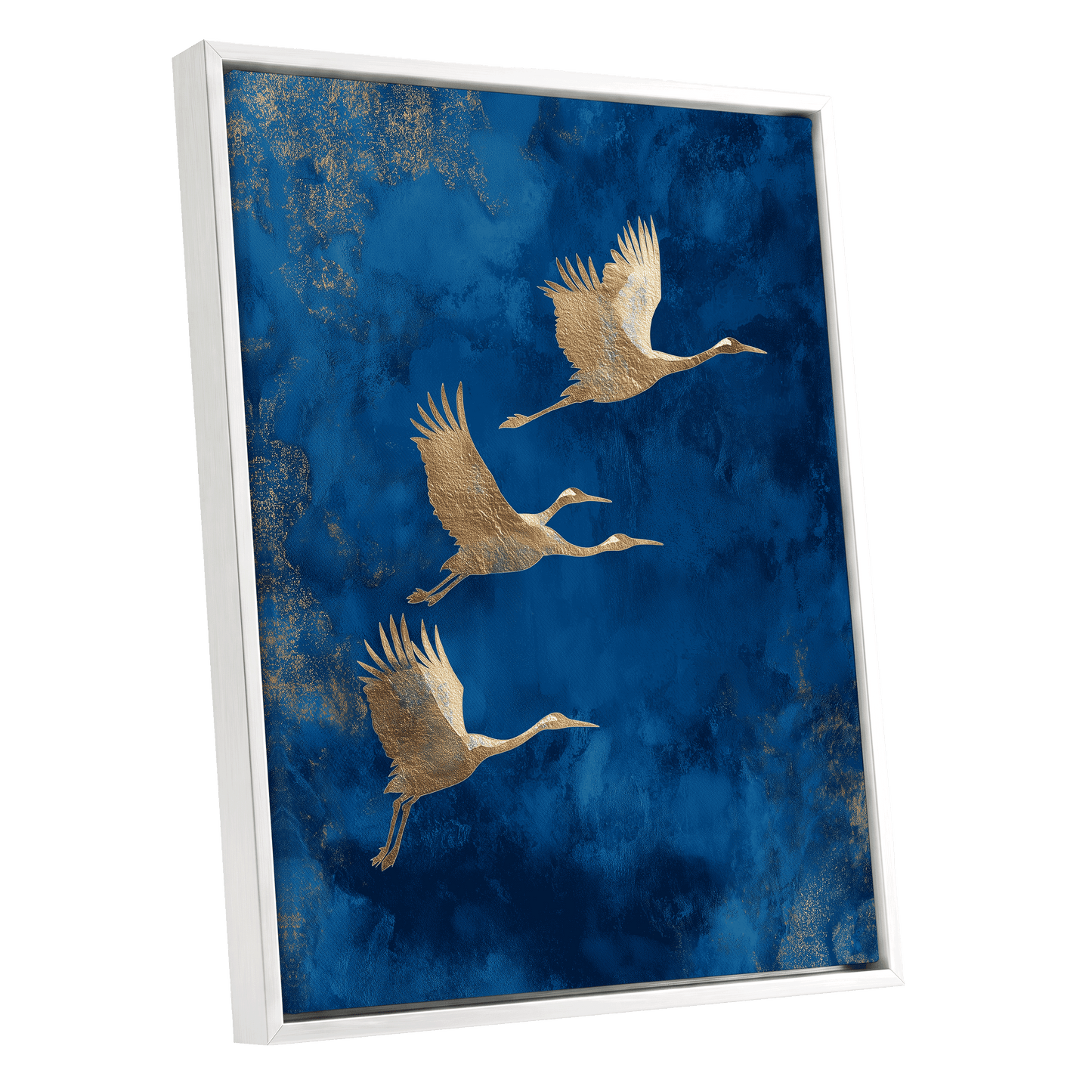 Cranes Across Cobalt, blue, gold, brown nature wall art shown as a white framed canvas wall art