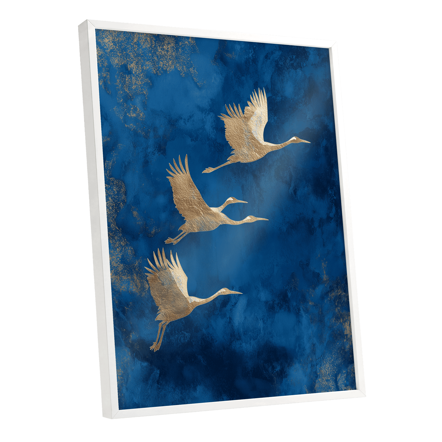 Cranes Across Cobalt, blue, gold, brown nature wall art shown as a white framed poster wall art print