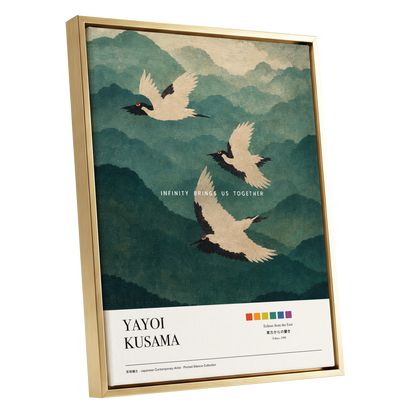 Cranes Across Emerald Peaks, green, beige, black nature wall art shown as a gold framed canvas wall art
