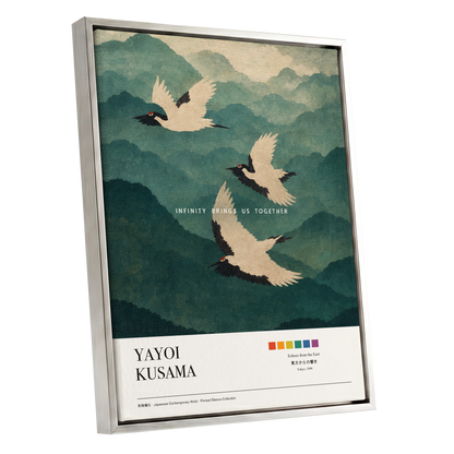Cranes Across Emerald Peaks, green, beige, black nature wall art shown as a silver framed canvas wall art