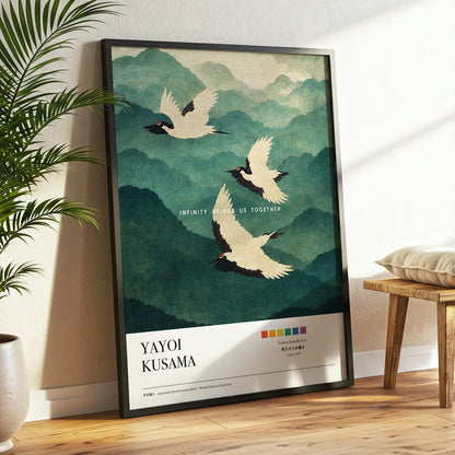 Cranes Across Emerald Peaks, green, beige, black nature wall art displayed in a styled interior, gallery view 2