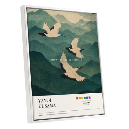 Cranes Across Emerald Peaks, green, beige, black nature wall art shown as a white framed canvas wall art