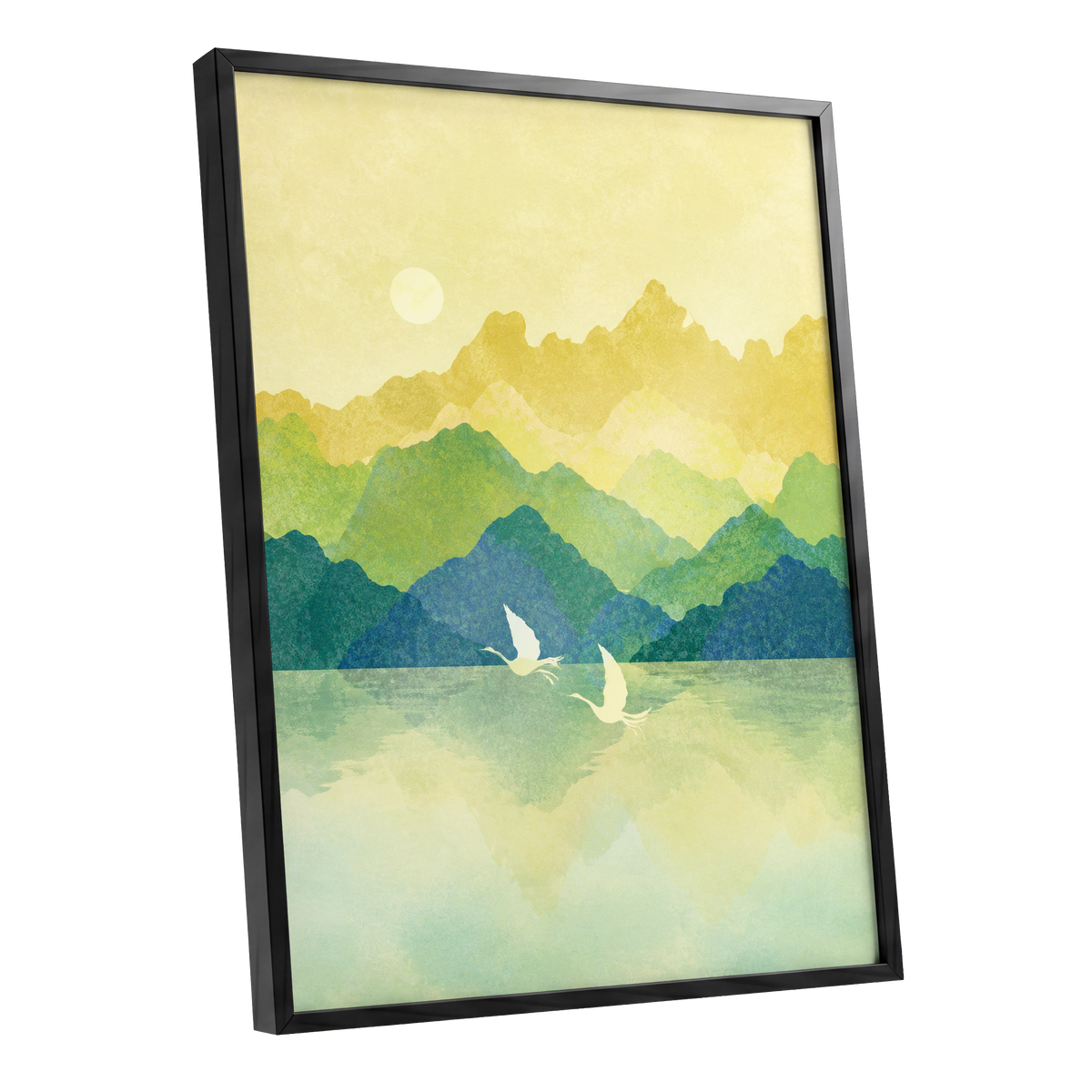 Cranes at Golden Daybreak, yellow, gold, green nature wall art shown as a black framed poster wall art print