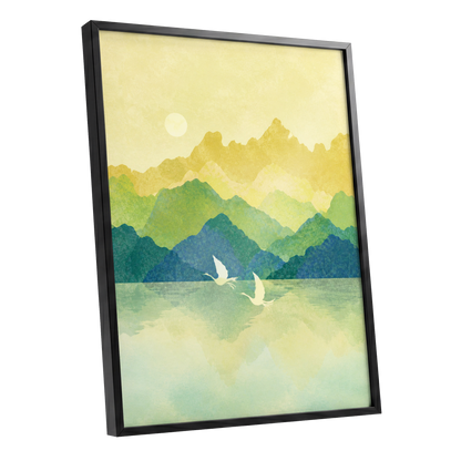 Cranes at Golden Daybreak, yellow, gold, green nature wall art shown as a black framed poster wall art print