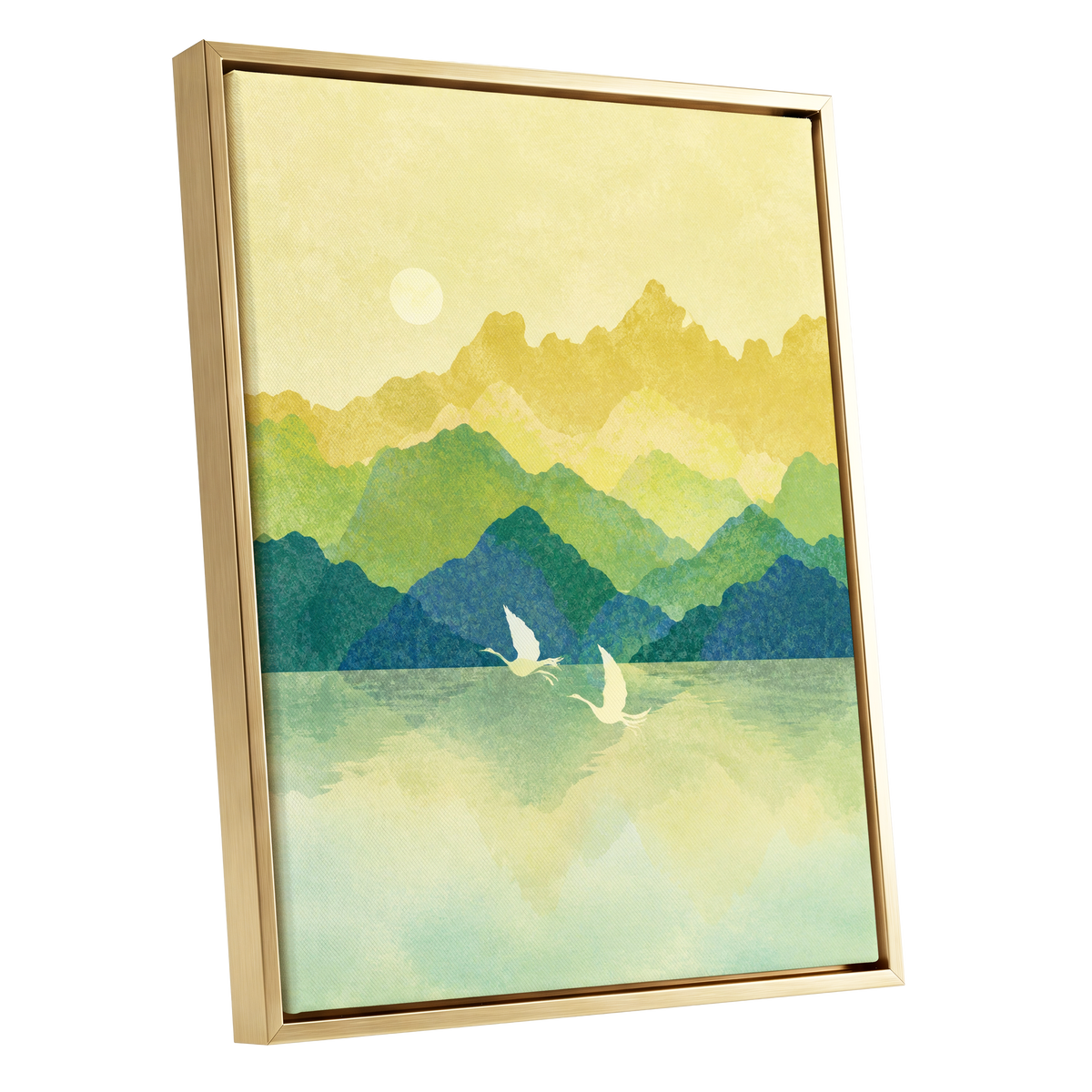 Cranes at Golden Daybreak, yellow, gold, green nature wall art shown as a gold framed canvas wall art