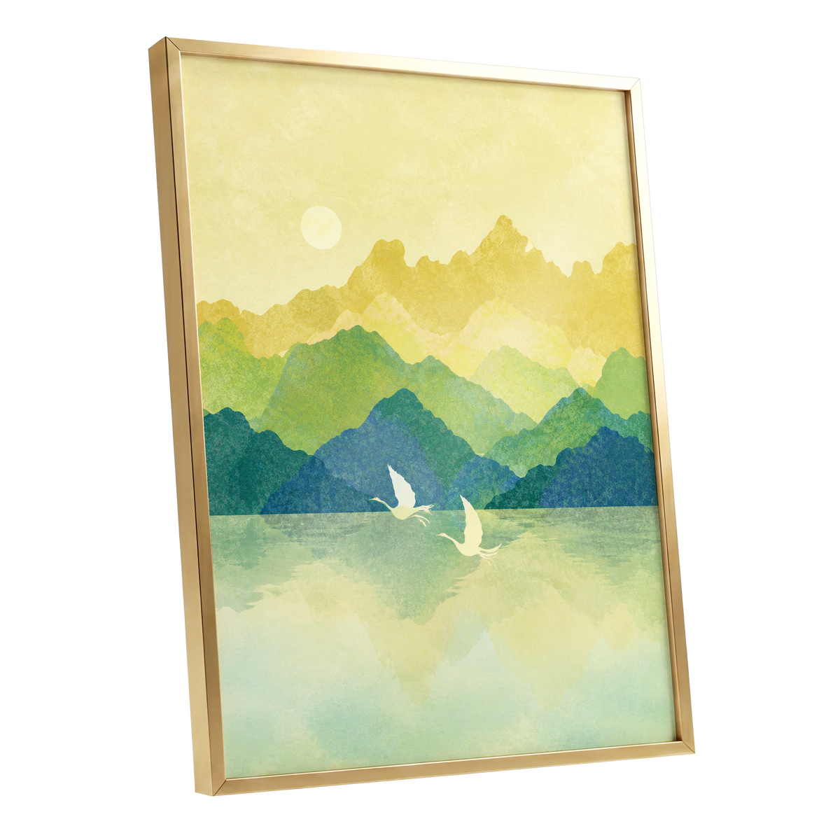 Cranes at Golden Daybreak, yellow, gold, green nature wall art shown as a gold framed poster wall art print