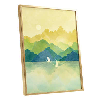 Cranes at Golden Daybreak, yellow, gold, green nature wall art shown as a gold framed poster wall art print