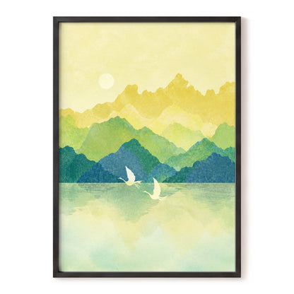 Cranes at Golden Daybreak, yellow, gold, green nature wall art, front artwork view