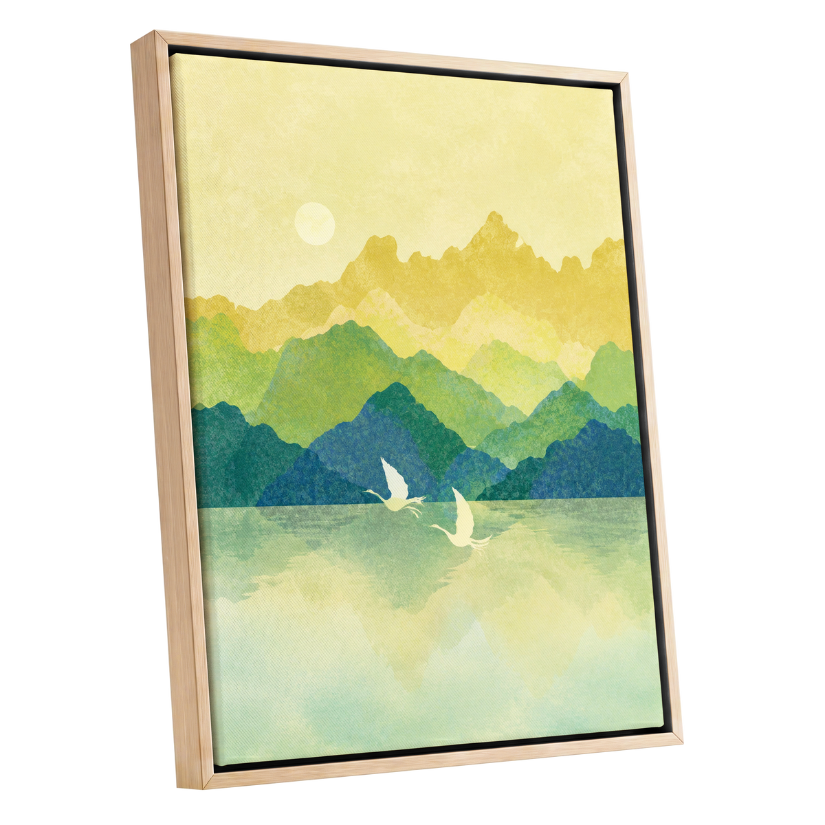 Cranes at Golden Daybreak, yellow, gold, green nature wall art shown as a oak framed canvas wall art