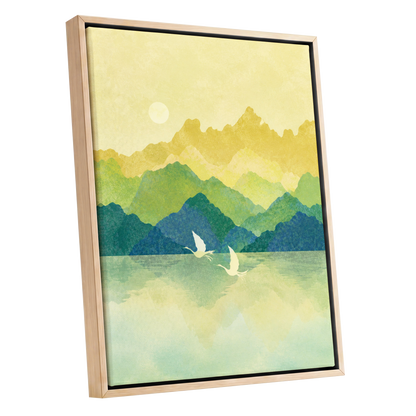 Cranes at Golden Daybreak, yellow, gold, green nature wall art shown as a oak framed canvas wall art
