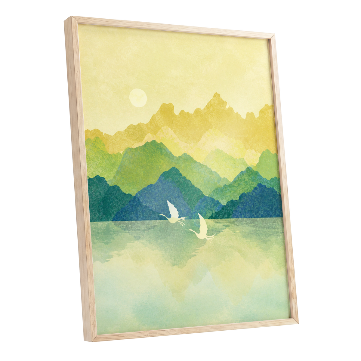 Cranes at Golden Daybreak, yellow, gold, green nature wall art shown as a oak framed poster wall art print