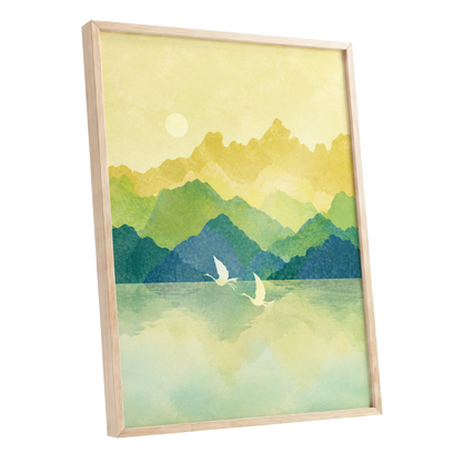 Cranes at Golden Daybreak, yellow, gold, green nature wall art shown as a oak framed poster wall art print