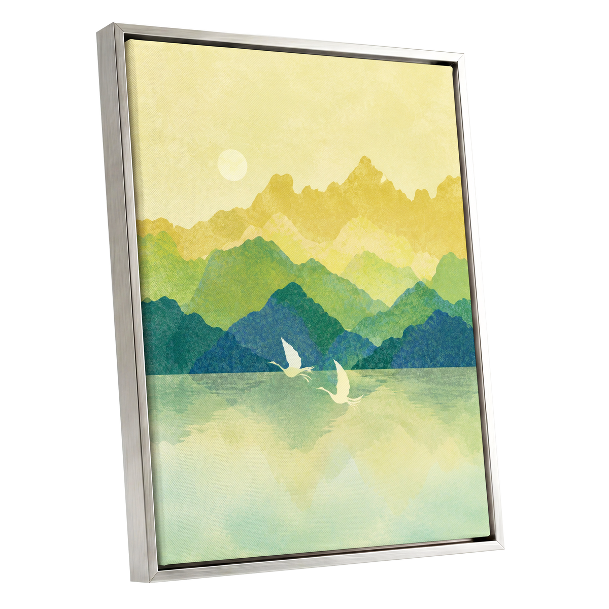 Cranes at Golden Daybreak, yellow, gold, green nature wall art shown as a silver framed canvas wall art