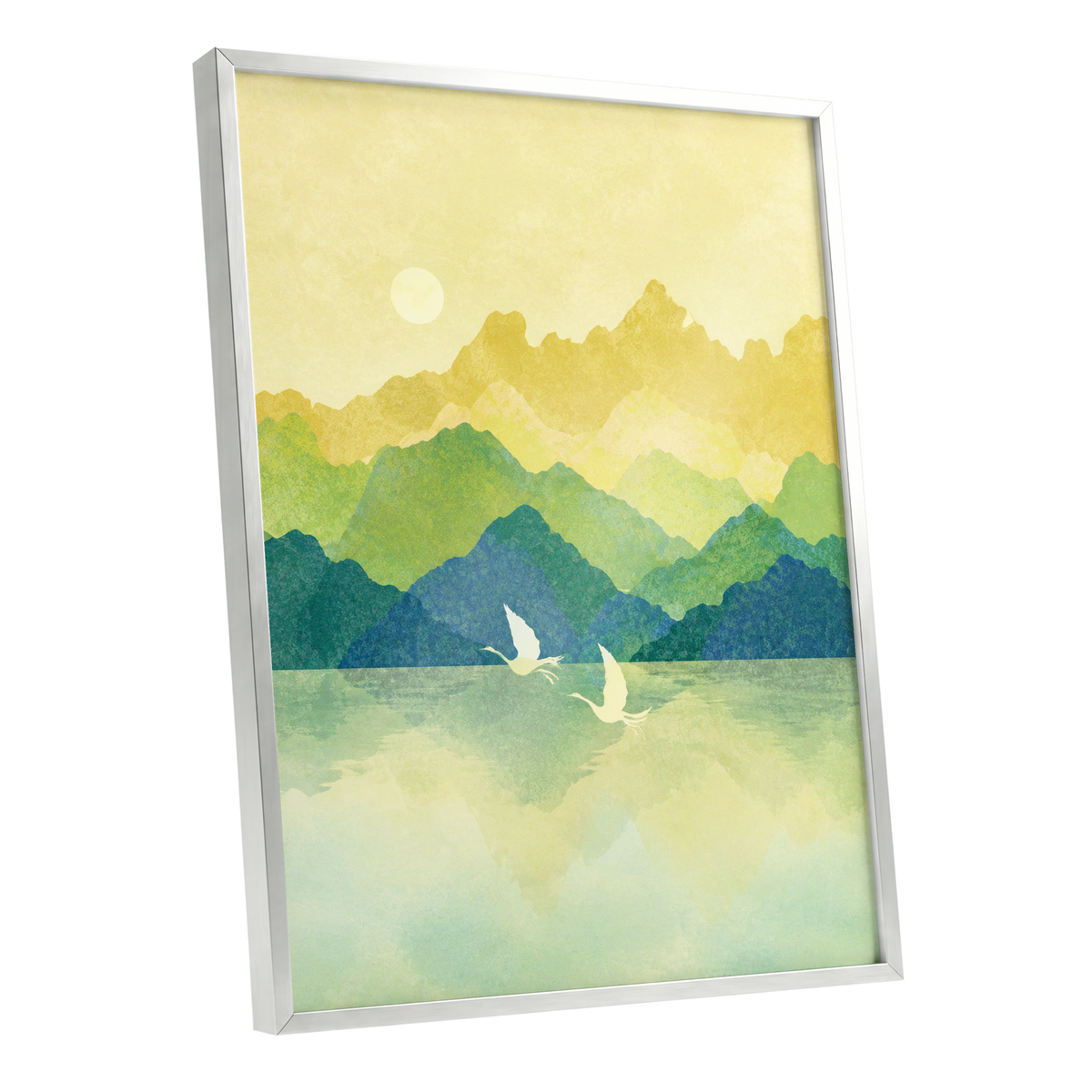 Cranes at Golden Daybreak, yellow, gold, green nature wall art shown as a silver framed poster wall art print