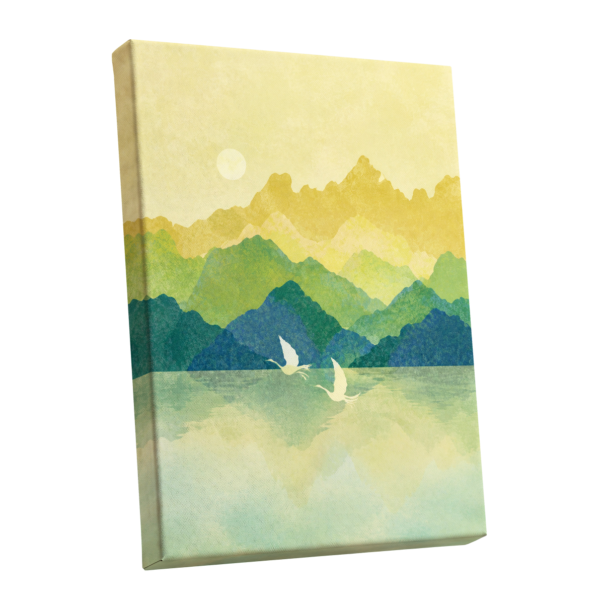 Cranes at Golden Daybreak, yellow, gold, green nature wall art shown as a stretched canvas wall art