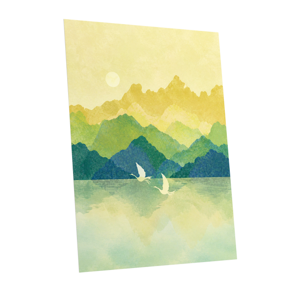 Cranes at Golden Daybreak, yellow, gold, green nature wall art shown as a unframed poster wall art print