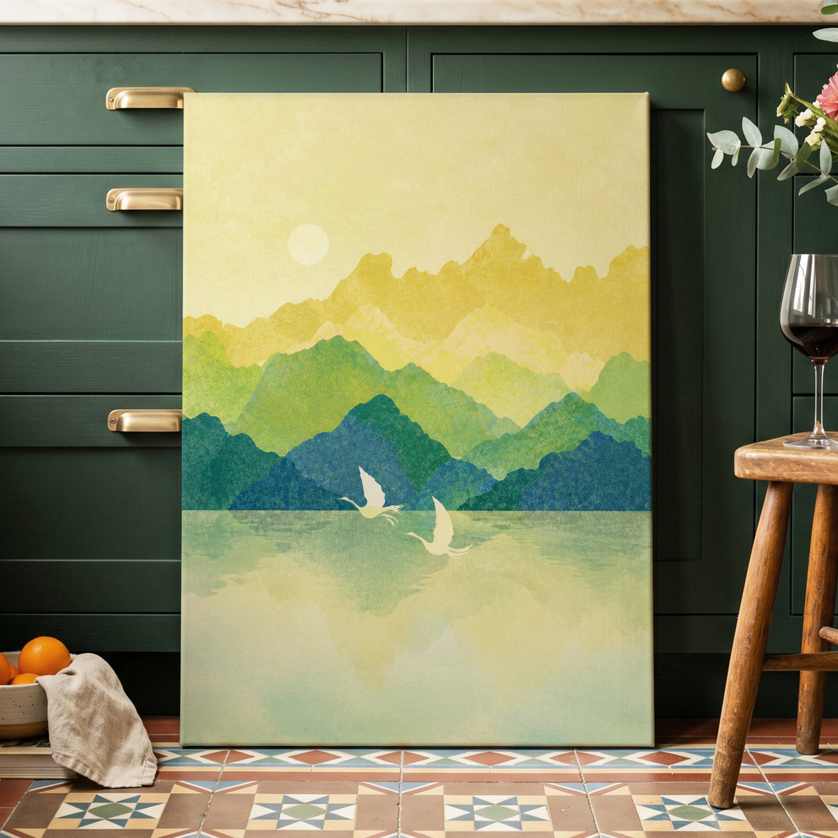 Cranes at Golden Daybreak, yellow, gold, green nature wall art displayed in a styled interior, gallery view 3
