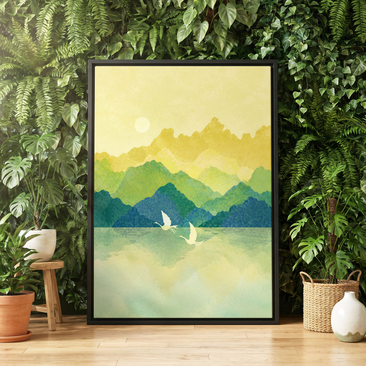 Cranes at Golden Daybreak, yellow, gold, green nature wall art displayed in a styled interior, gallery view 4