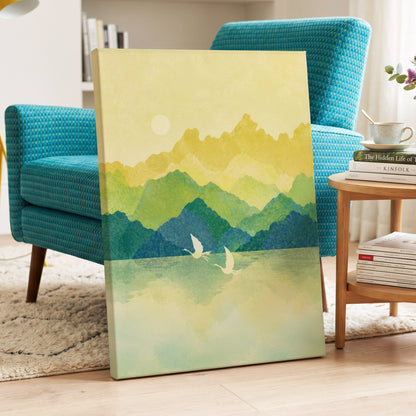 Cranes at Golden Daybreak, yellow, gold, green nature wall art displayed in a styled interior, gallery view 7