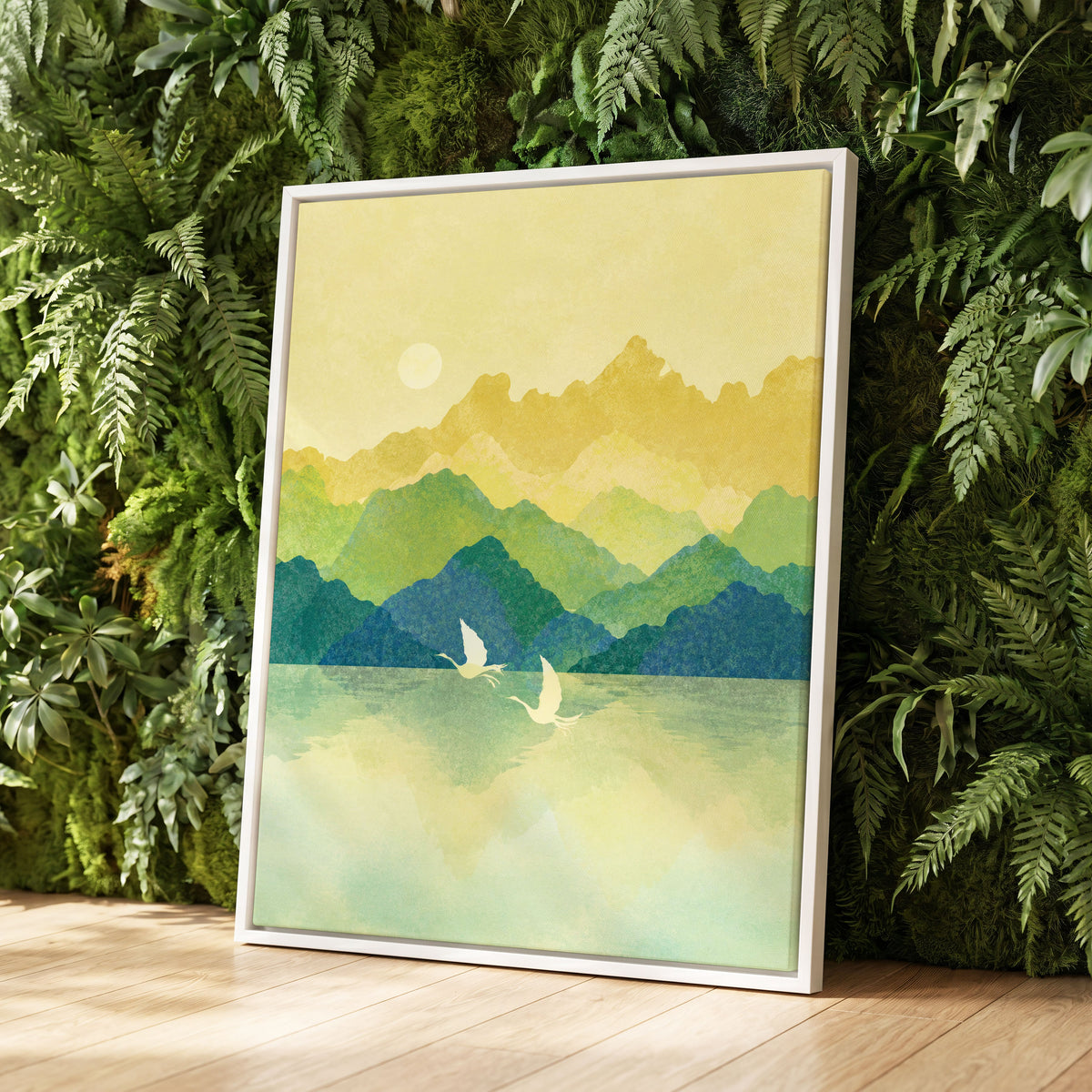 Cranes at Golden Daybreak, yellow, gold, green nature wall art displayed in a styled interior, gallery view 8