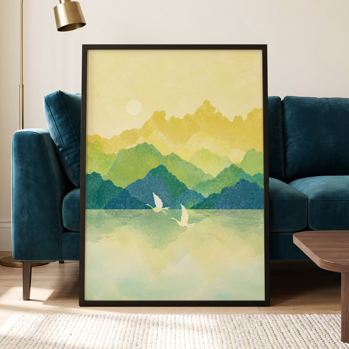 Cranes at Golden Daybreak, yellow, gold, green nature wall art displayed in a styled interior, gallery view 9