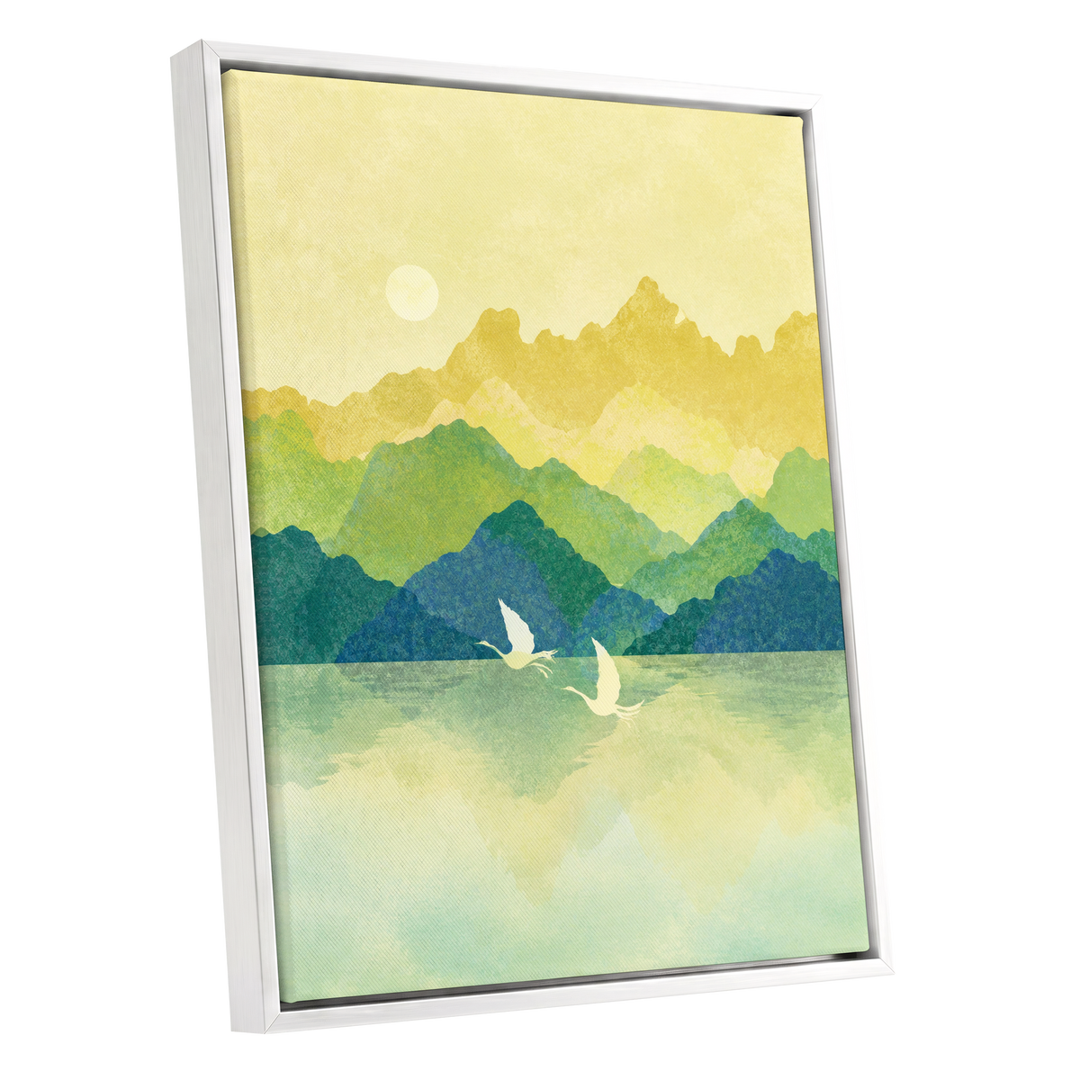 Cranes at Golden Daybreak, yellow, gold, green nature wall art shown as a white framed canvas wall art