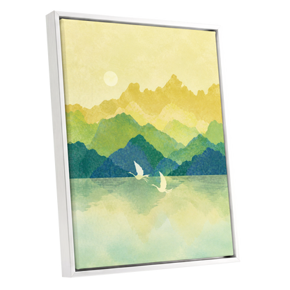 Cranes at Golden Daybreak, yellow, gold, green nature wall art shown as a white framed canvas wall art