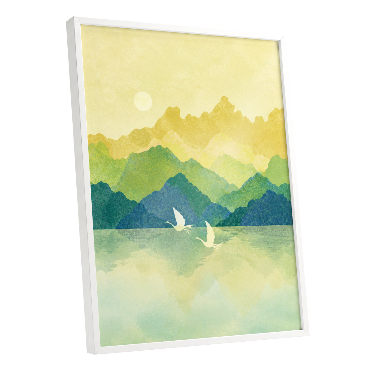 Cranes at Golden Daybreak, yellow, gold, green nature wall art shown as a white framed poster wall art print