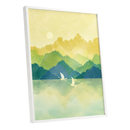 Cranes at Golden Daybreak, yellow, gold, green nature wall art shown as a white framed poster wall art print